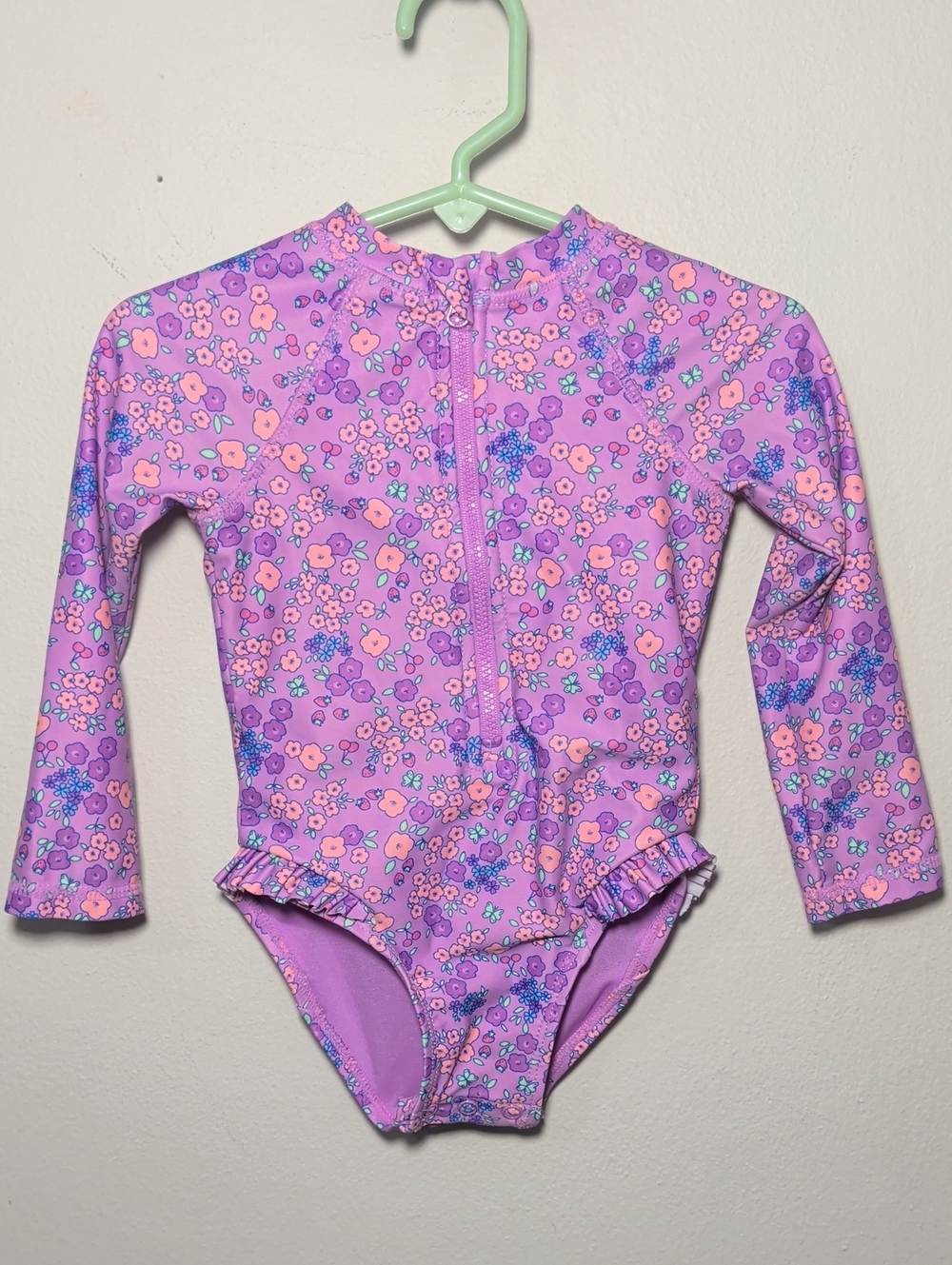 Jumping Beans Baby Girl One-Piece Swimsuit Purple Floral Long Sleeve Zip Sz 18M